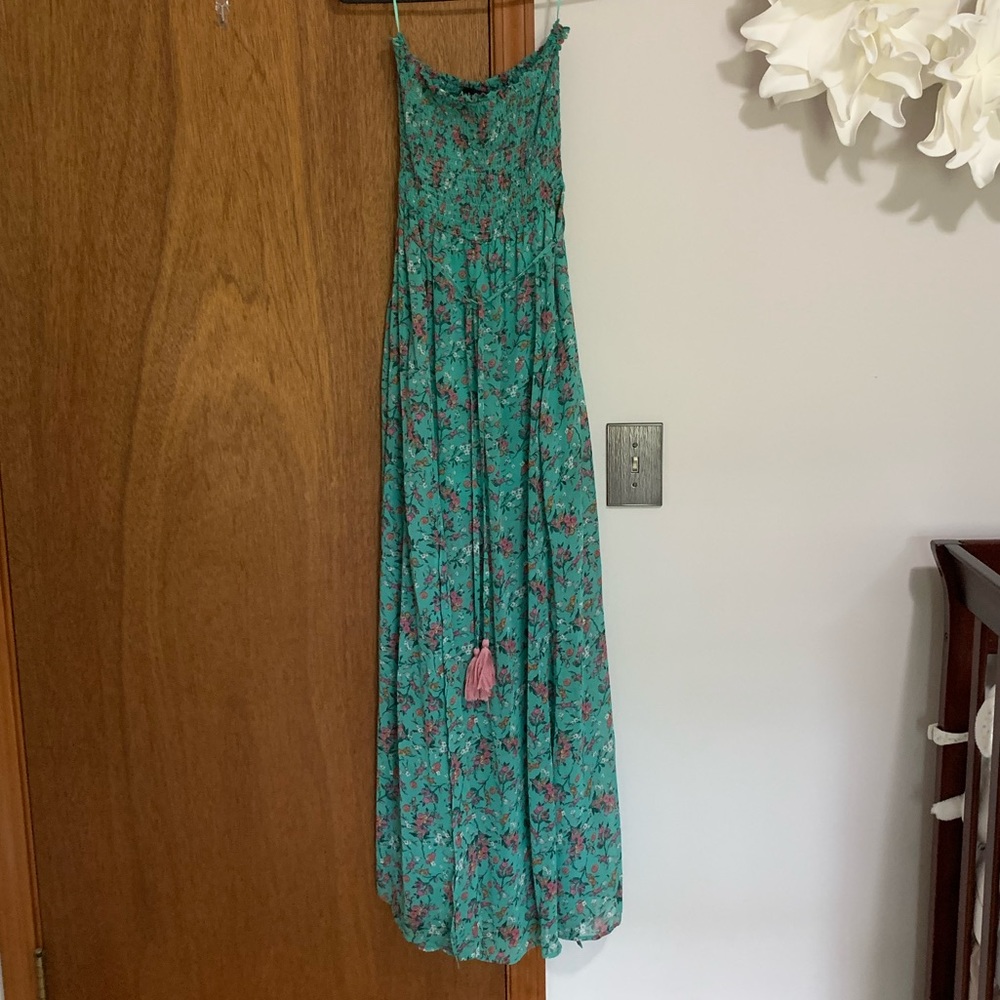 Floral strapless maxi, sheer, waist tie